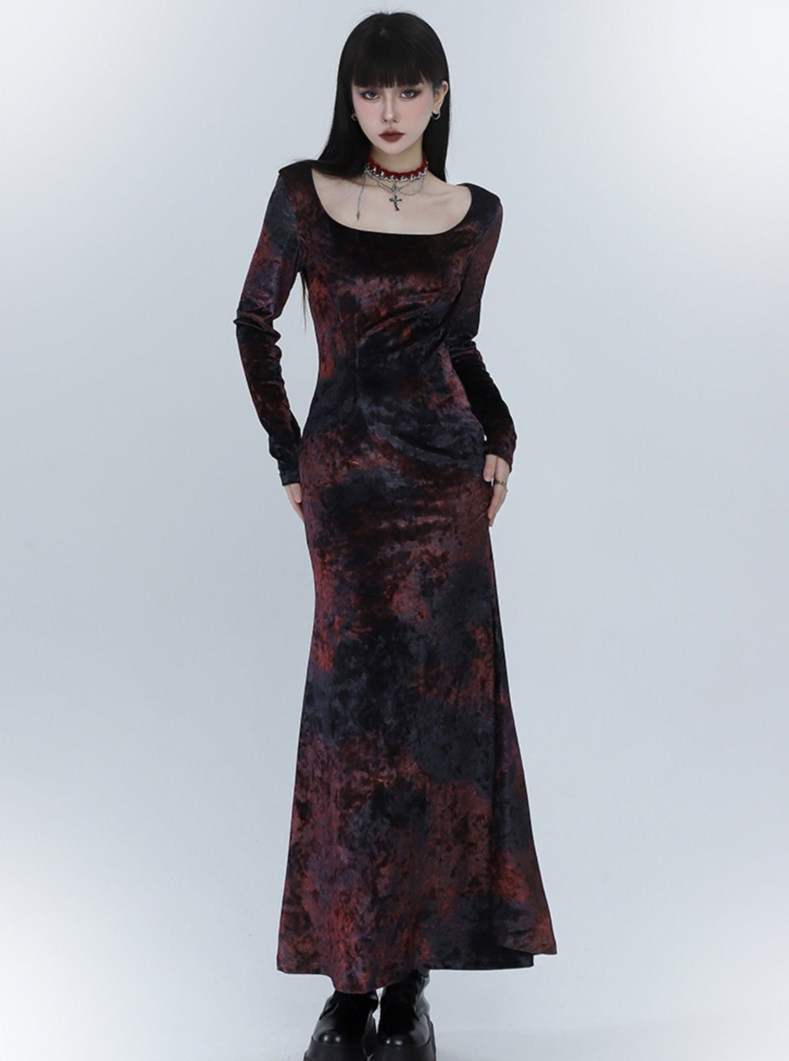Black And Red Velvet Fishtail Dress - chiclara