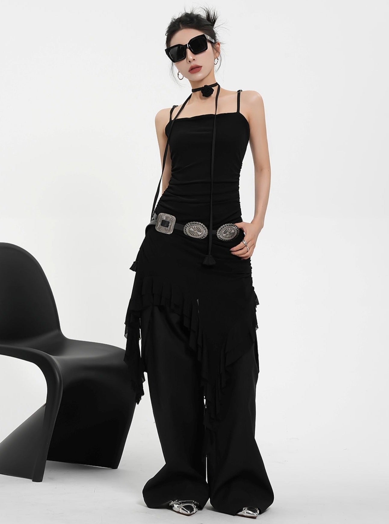 비대칭 러플 헴 미니 드레스 - 스파게티 스트랩 바디콘 칵테일 드레스