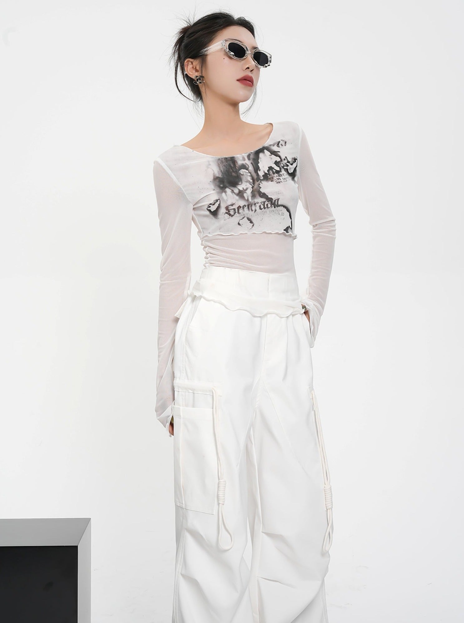 Blumengrafik Langarm Crop Top - Romantischer Druck angepasstes T -Shirt
