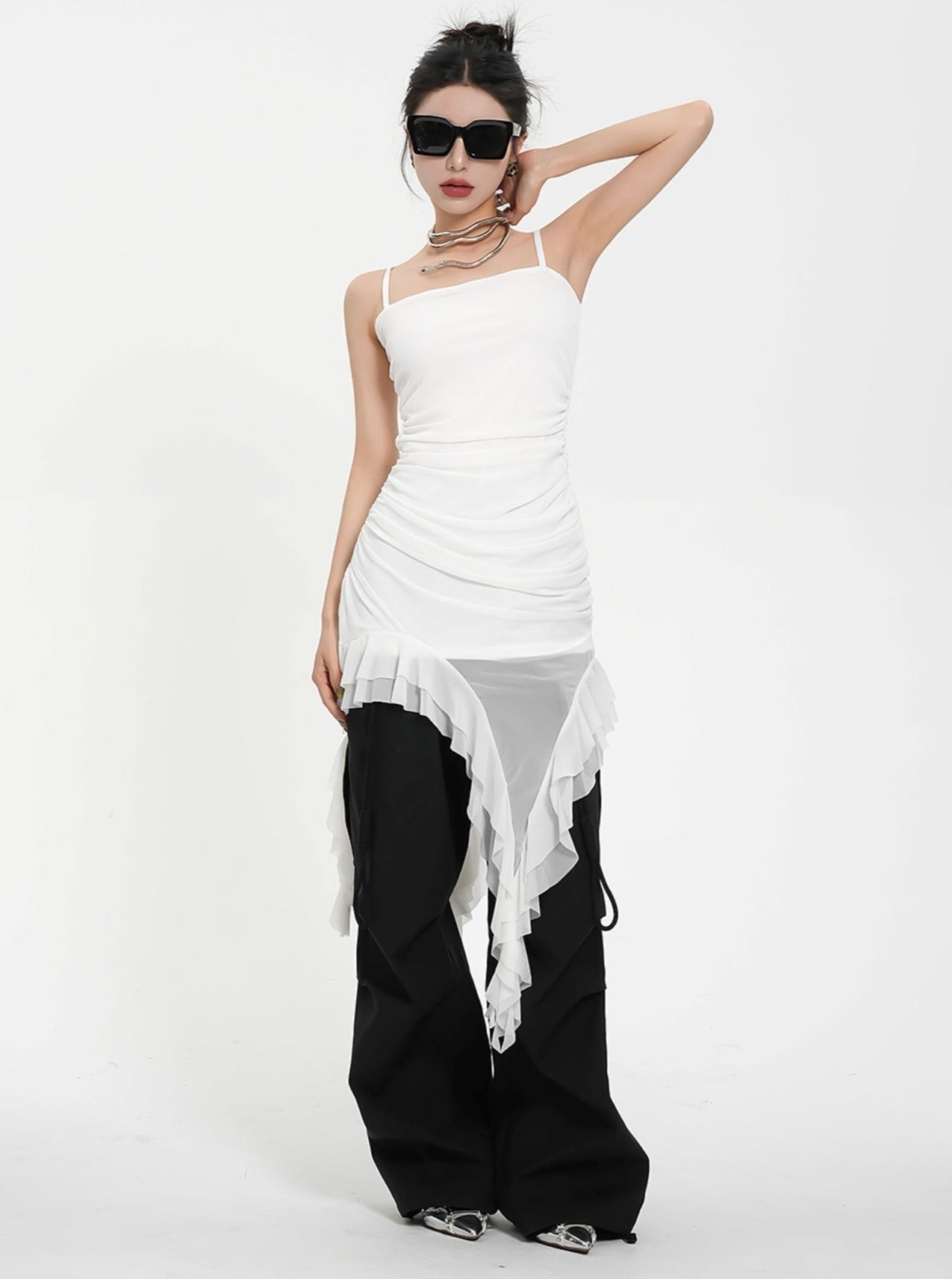 비대칭 러플 헴 미니 드레스 - 스파게티 스트랩 바디콘 칵테일 드레스