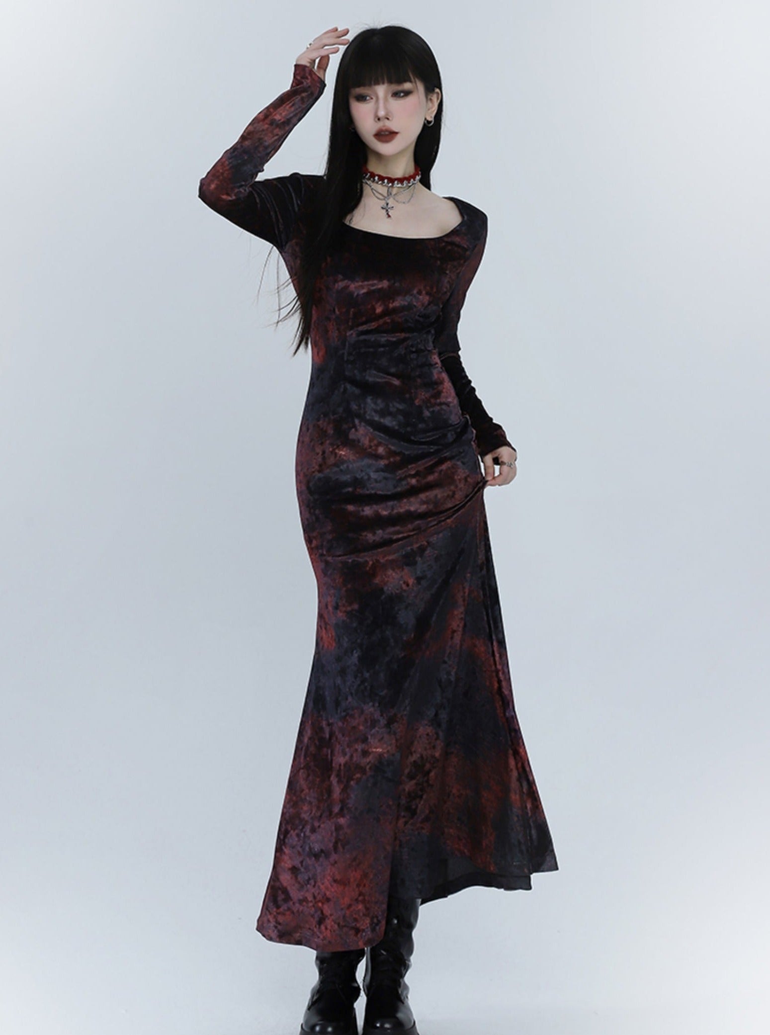 Black And Red Velvet Fishtail Dress - chiclara