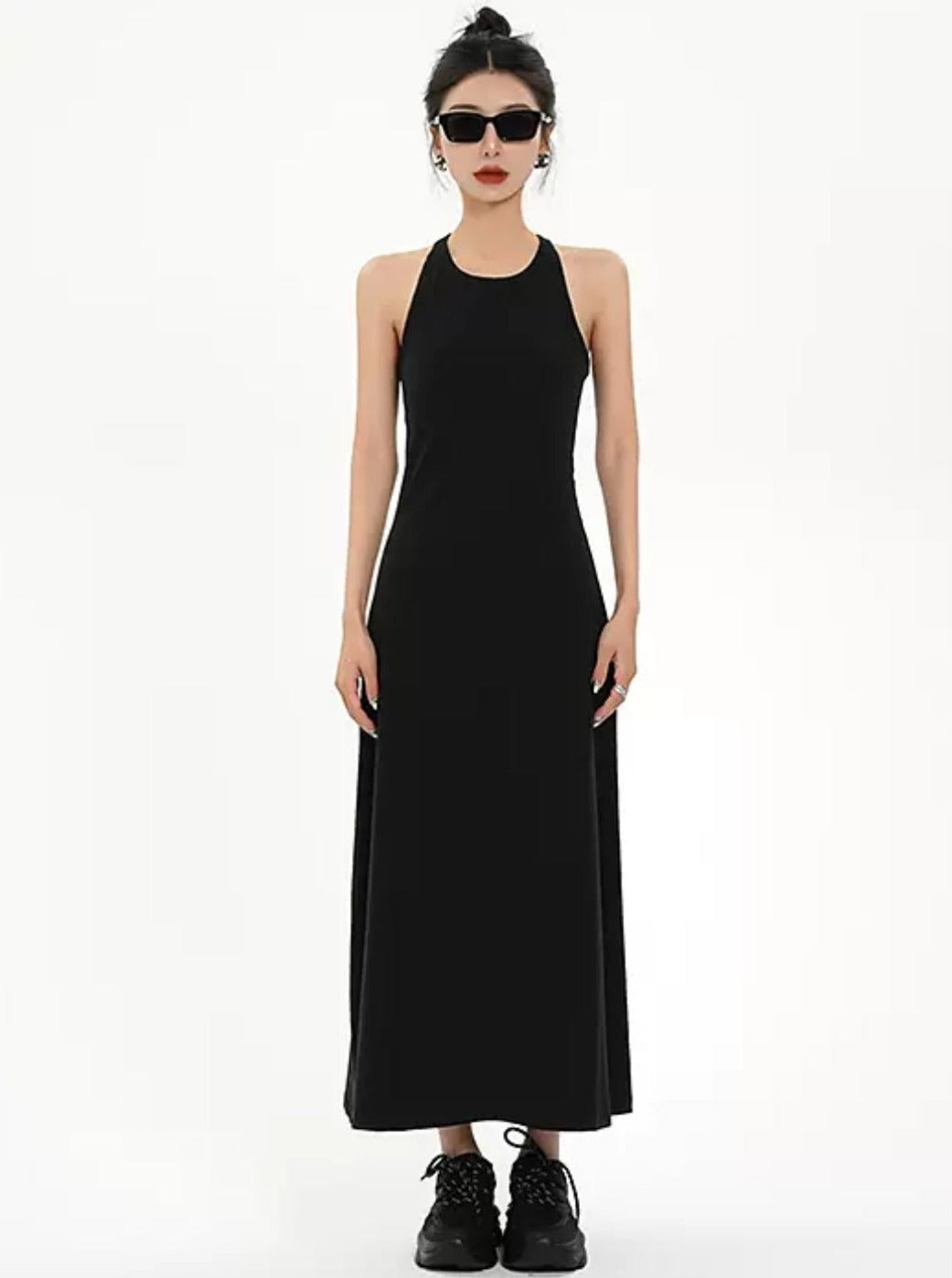 Vestido maxi negro sin mangas - vestido de noche columna de cuello alto