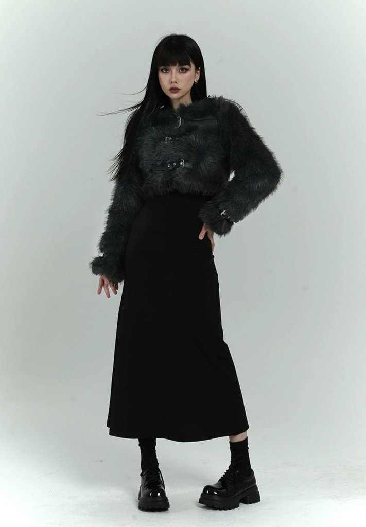 Black Gothic Buckle Fur Jacket