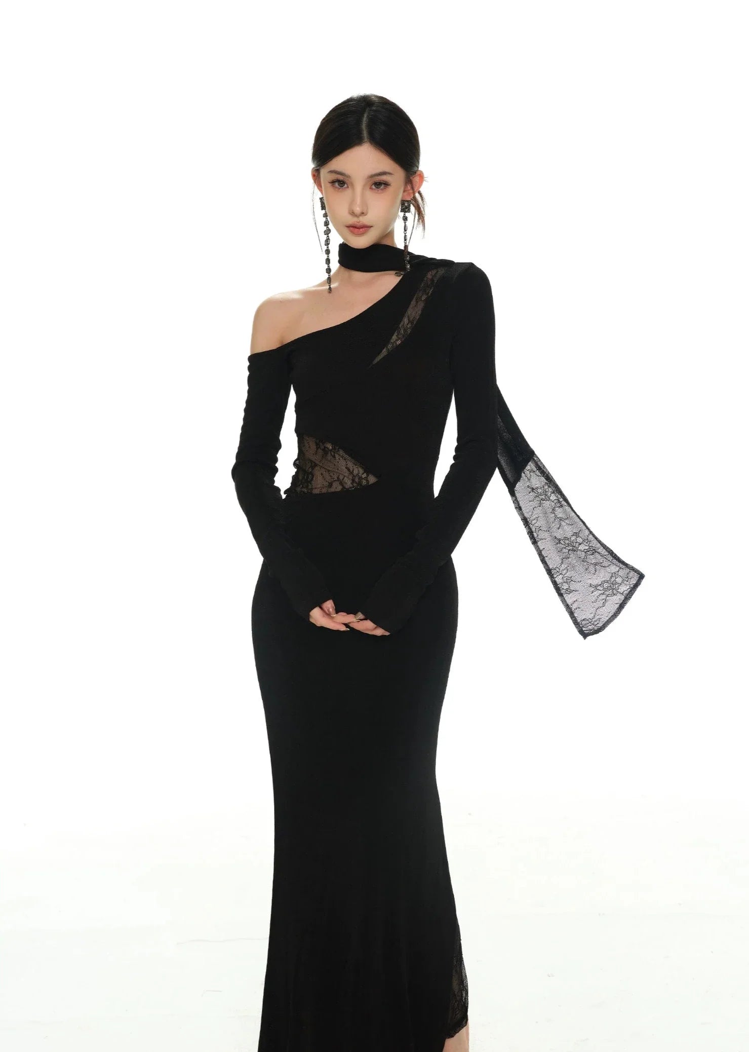 Black Asymmetric Neckline and Lace Inserts Long Evening Gown