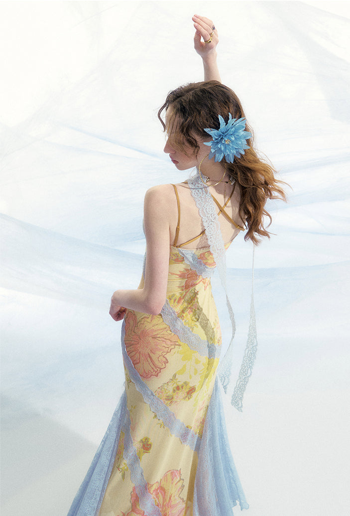 Floral Lace-Trim Fitted Mermaid Slip Dress