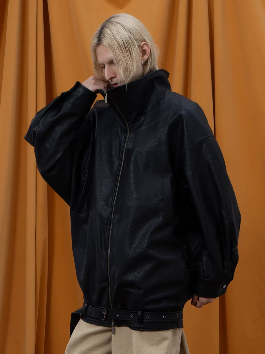 Belted Hem Oversized Faux-Leather Zip Jacket - view 2