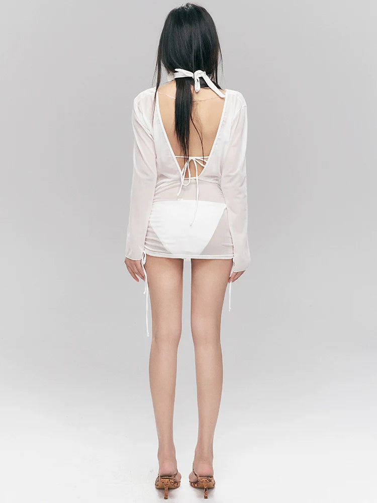 White Sheer Mesh Bikini Dress Set