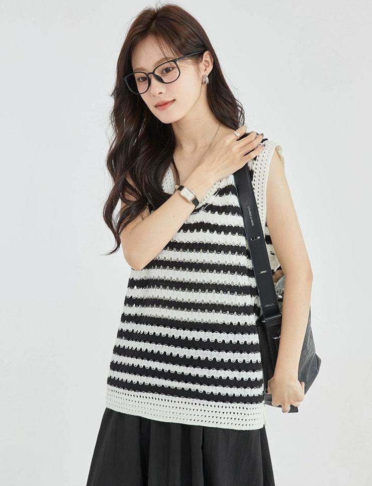 Striped Crochet Sleeveless Knit Top