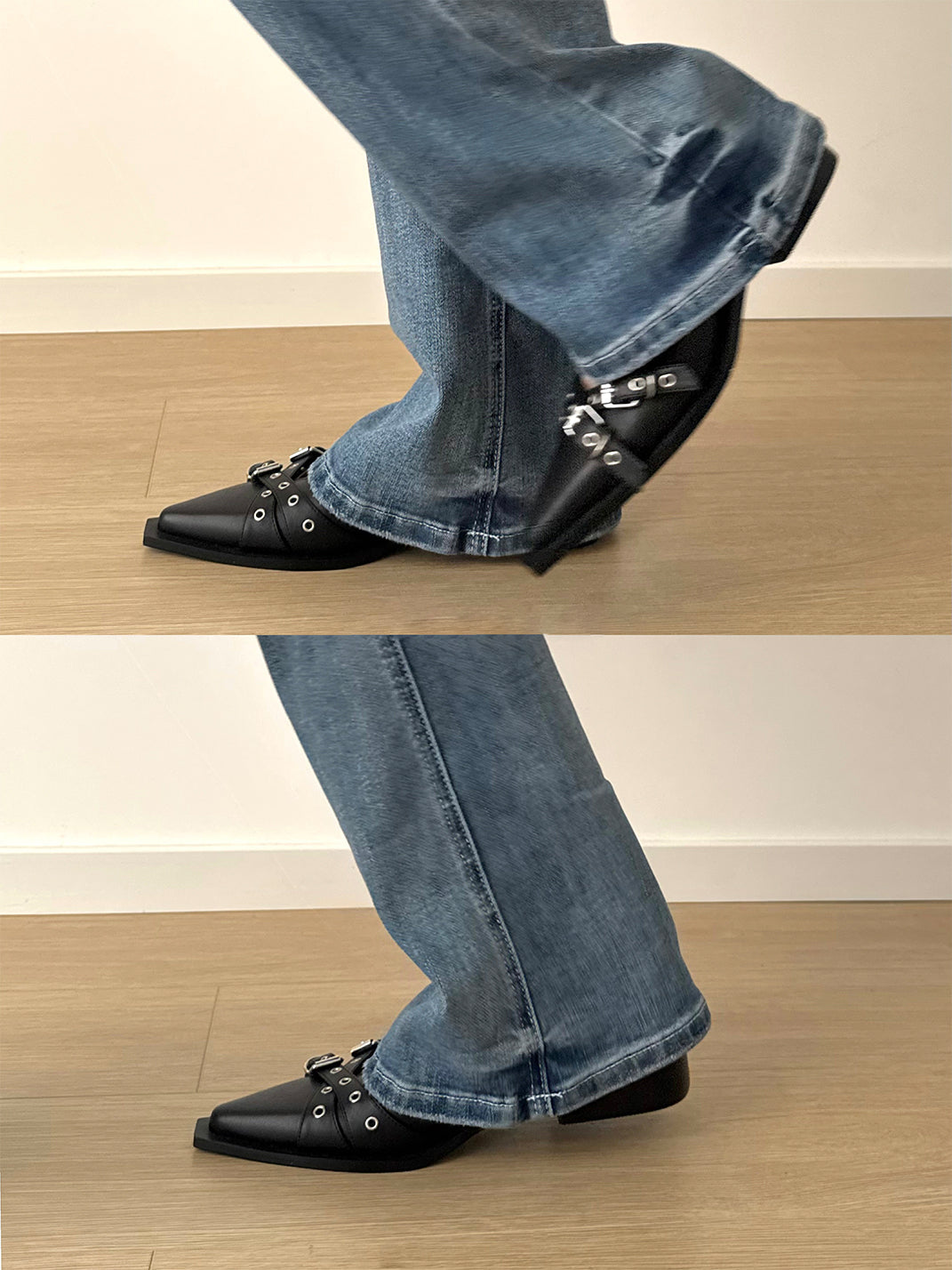 Black Buckle-Strap Pointed Mary Jane Flats - View 5