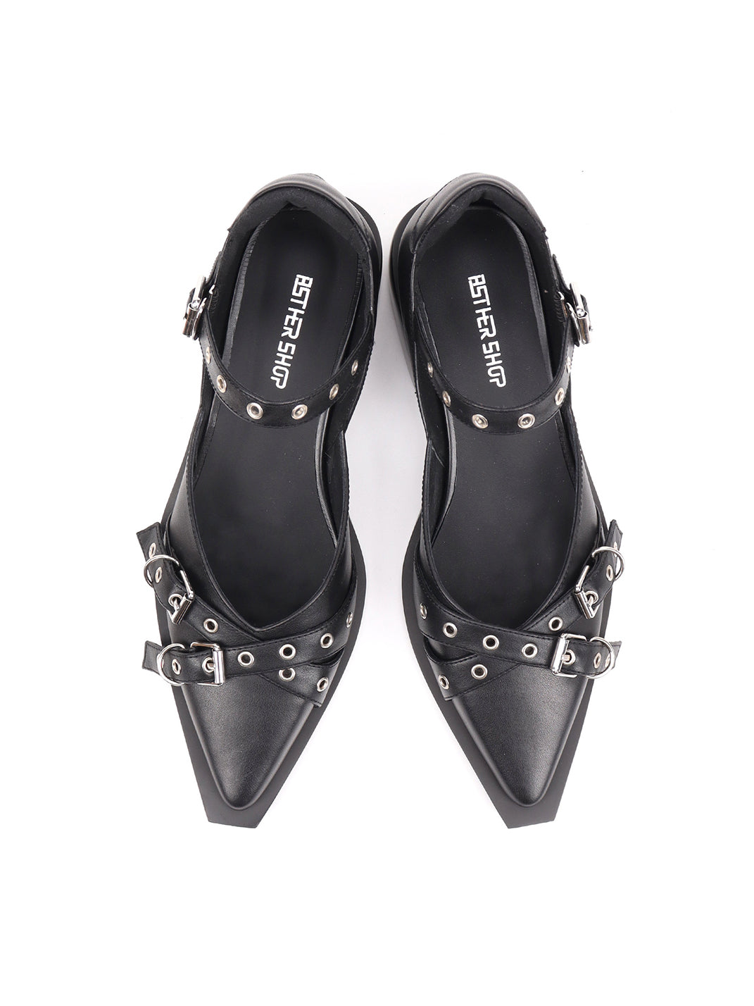 Black Buckle-Strap Pointed Mary Jane Flats - View 6