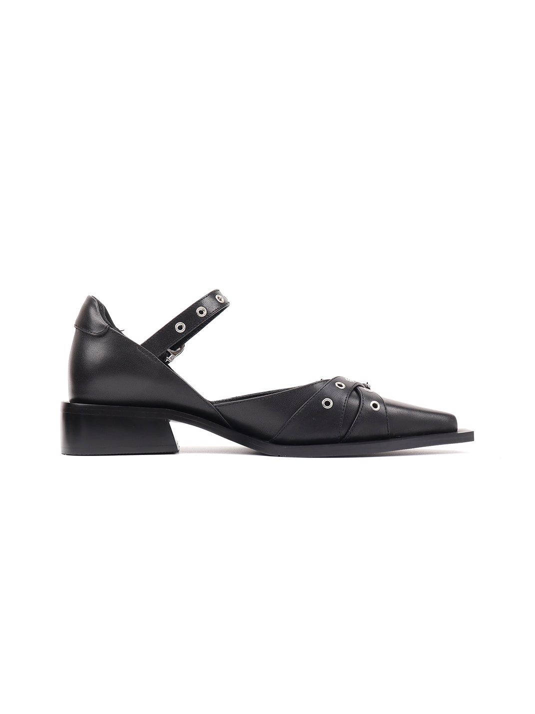 Black Buckle-Strap Pointed Mary Jane Flats - View 10