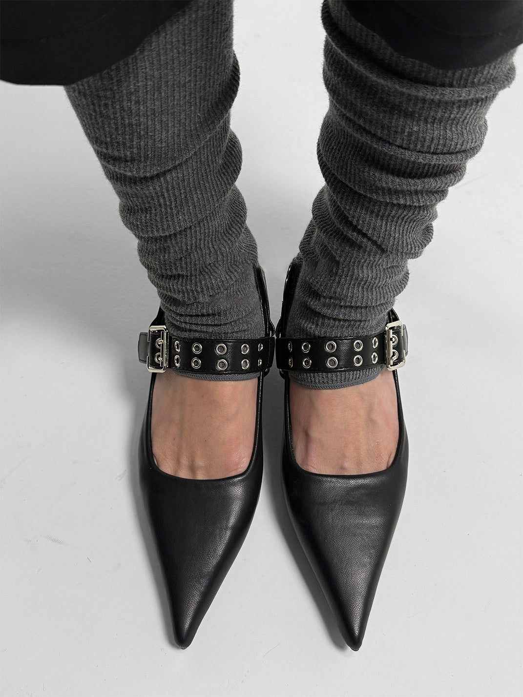 Black Buckle-Strap Pointed Mary Jane Pumps - View 3