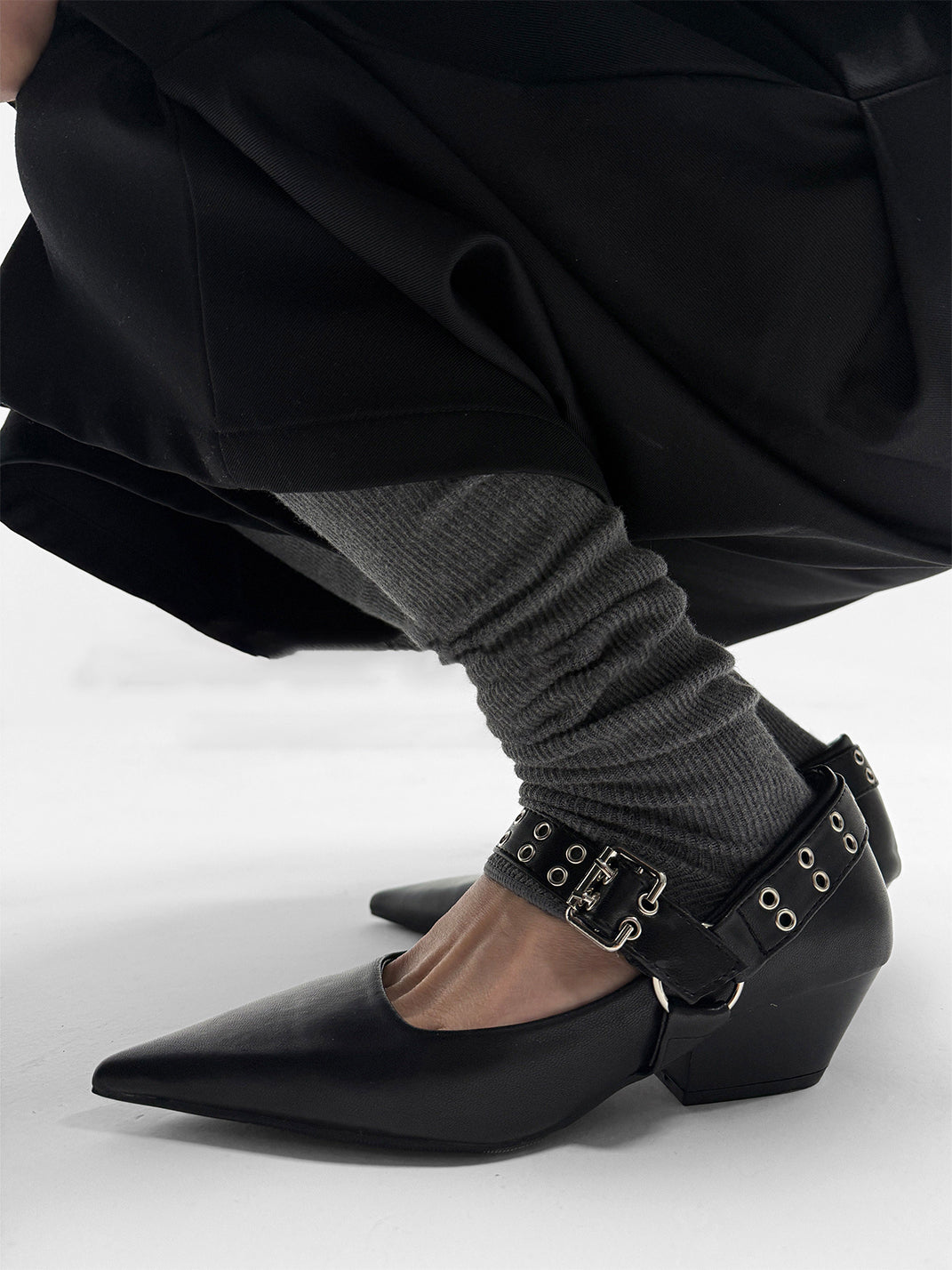 Black Buckle-Strap Pointed Mary Jane Pumps - View 5