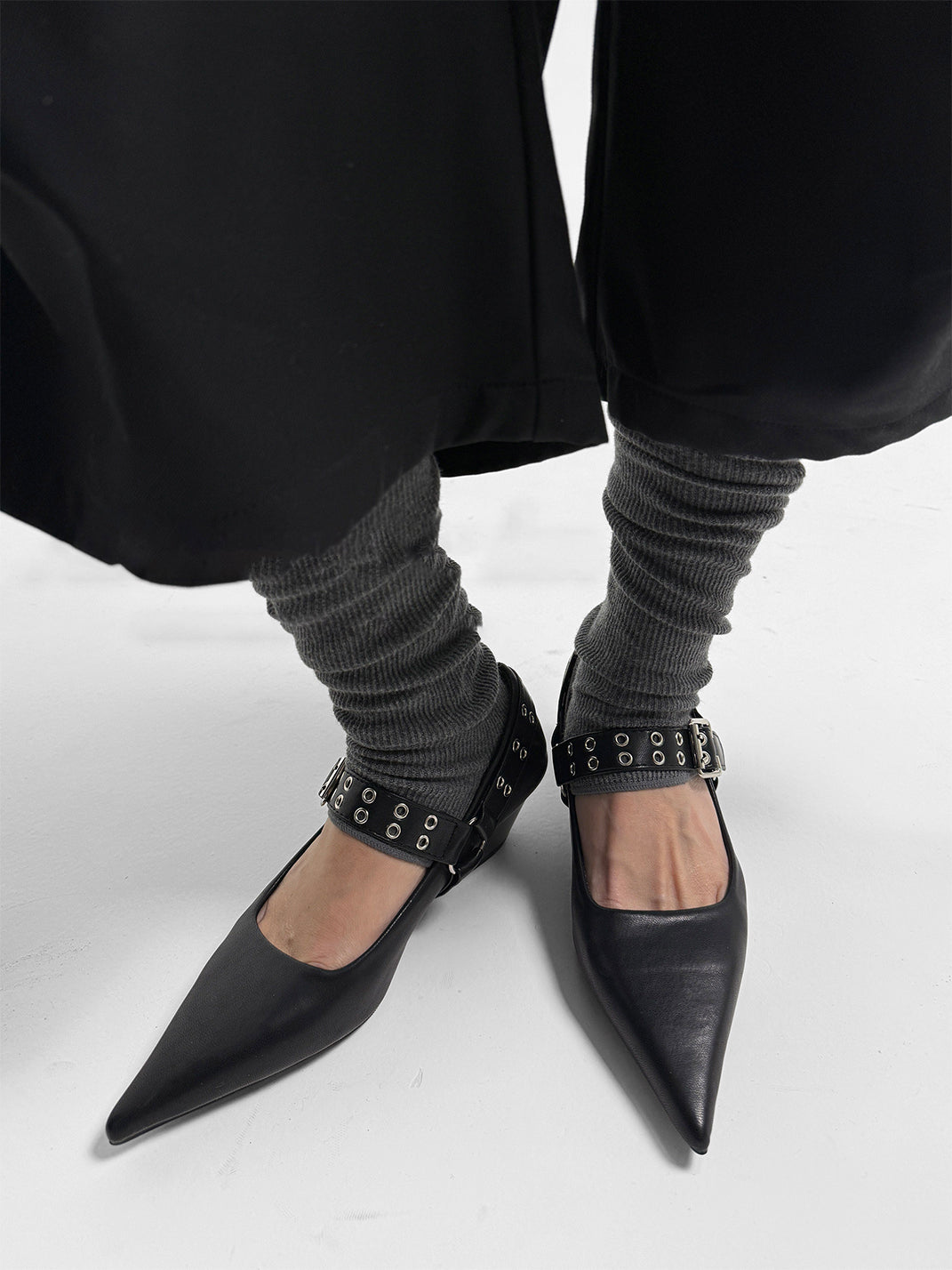Black Buckle-Strap Pointed Mary Jane Pumps - View 6