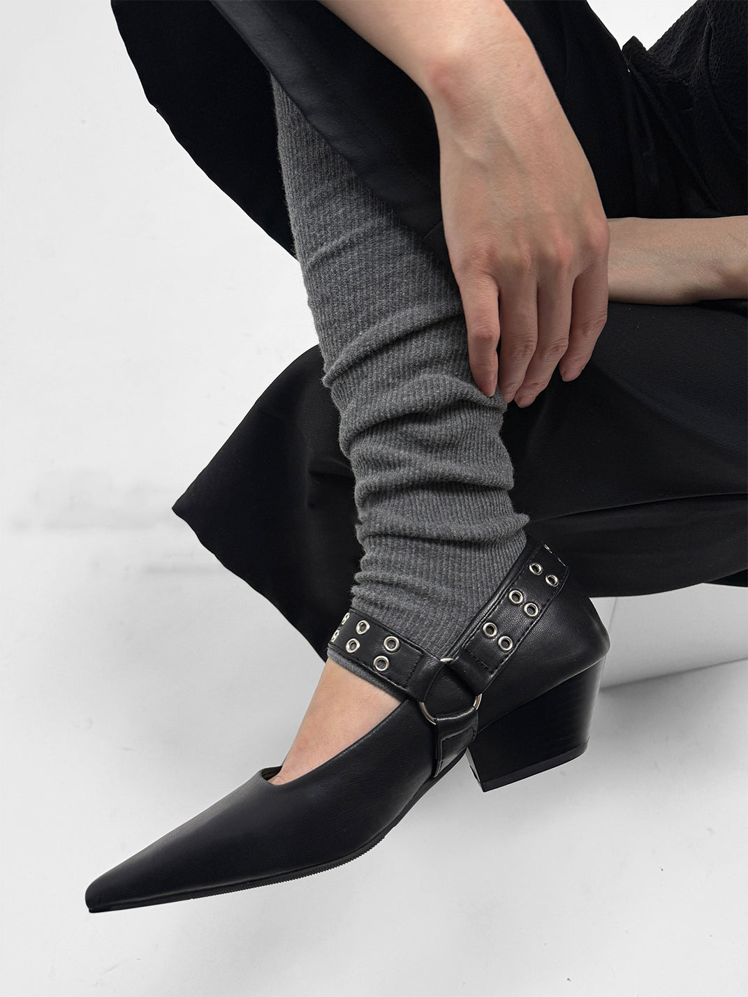 Black Buckle-Strap Pointed Mary Jane Pumps - View 8