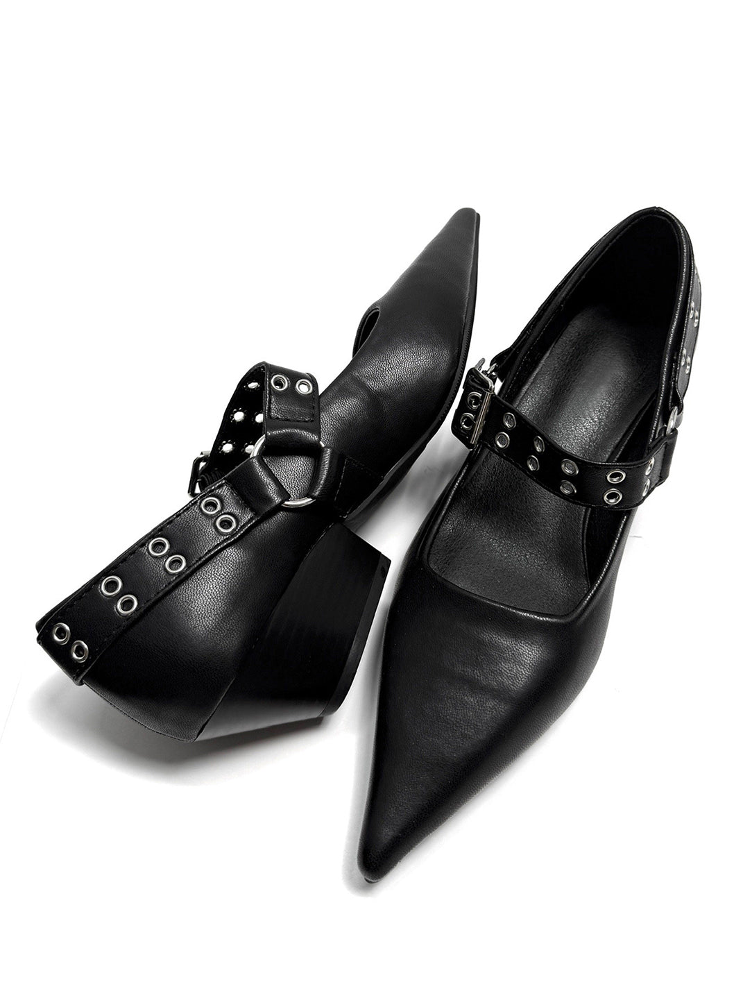 Black Buckle-Strap Pointed Mary Jane Pumps - View 11