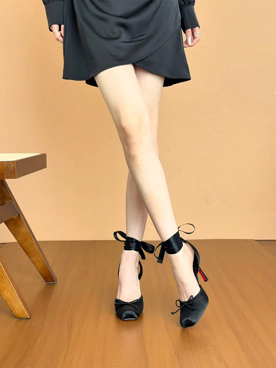 Black Butterfly-Strap Square-Toe Stiletto Sandals - View 2