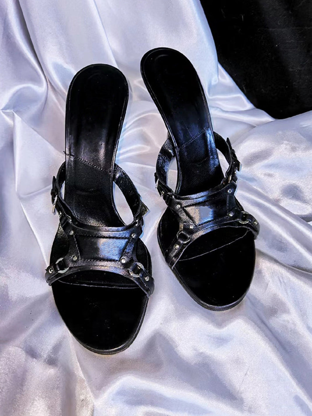 Black Cross-Strap Open-Toe Stiletto Sandals - View 2