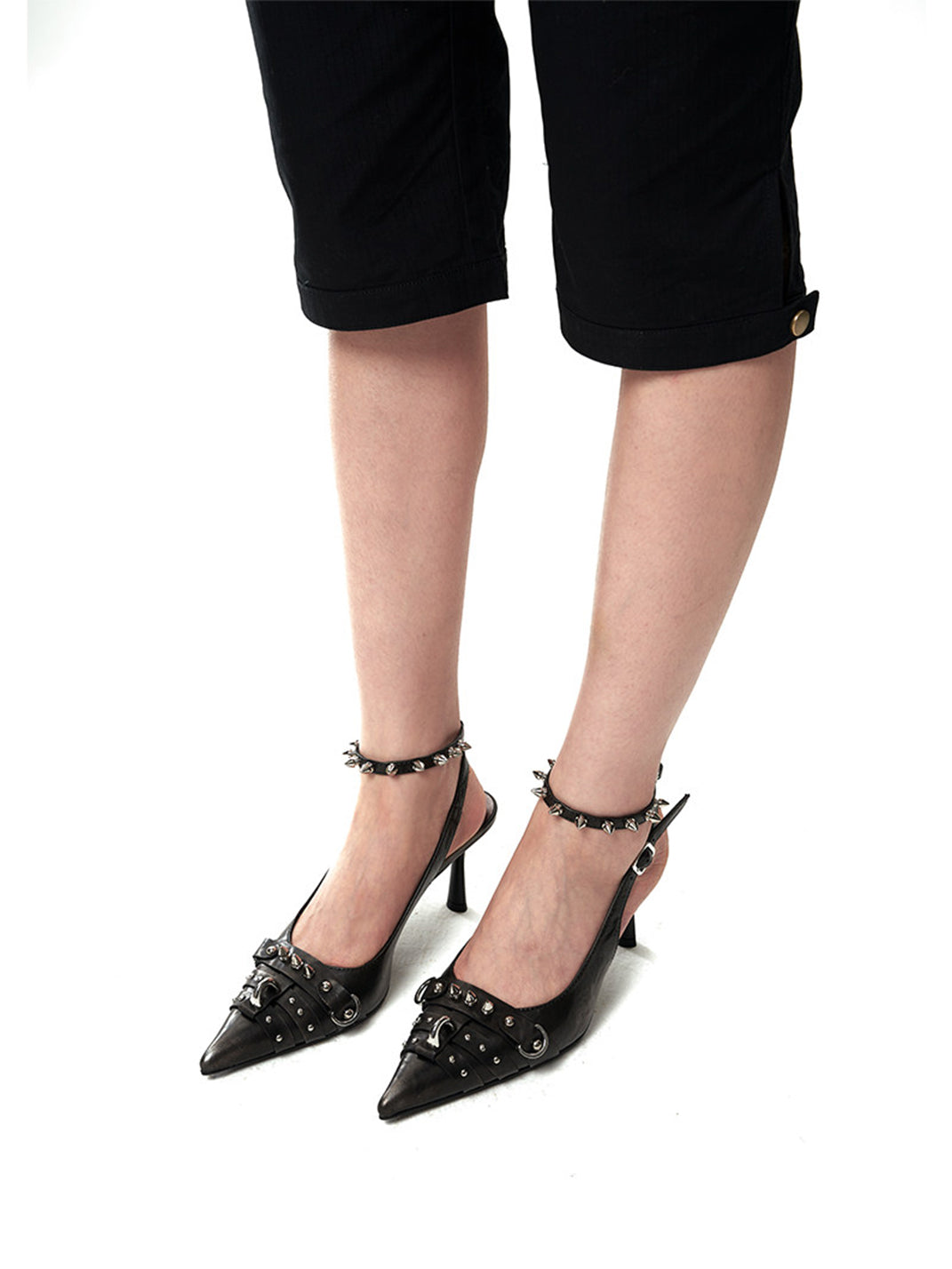Black Distressed Studded Slingback Pumps - View 3