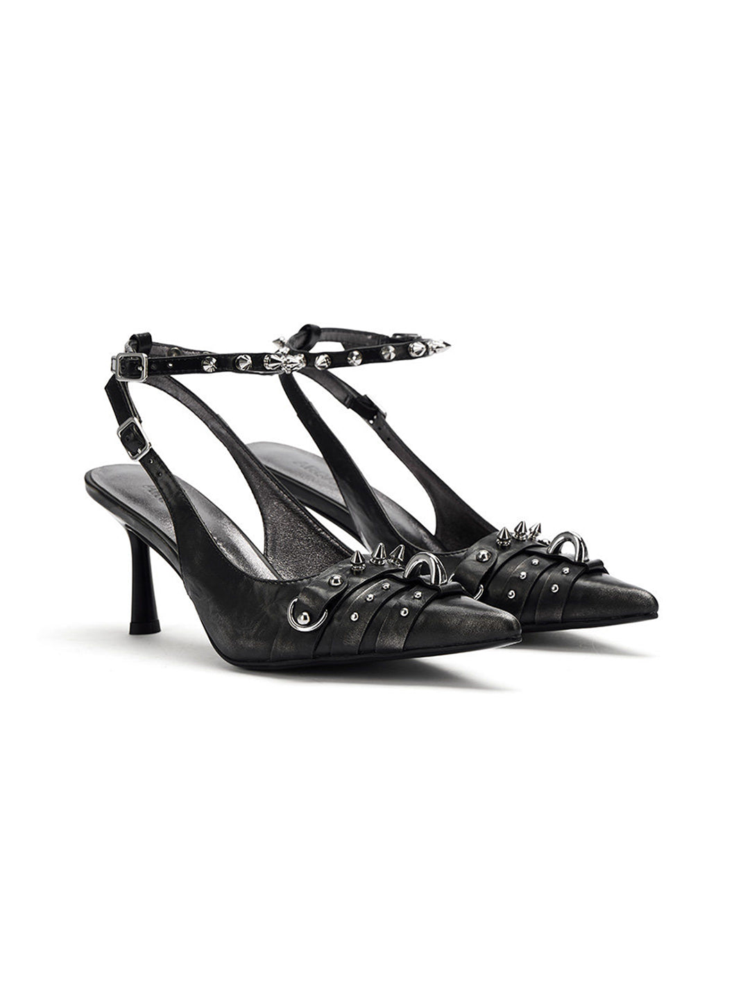 Black Distressed Studded Slingback Pumps - View 10