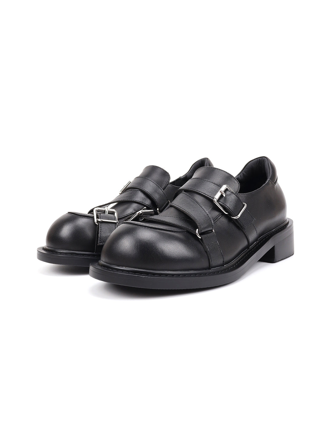Black Double-Buckle Block-Heel Loafers - View 4
