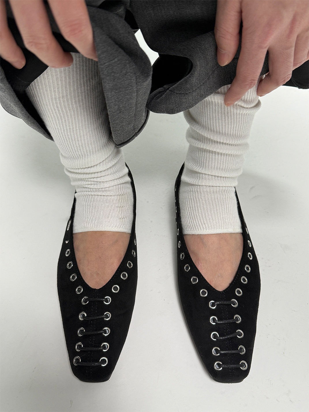 Black Eyelet-Trim Square-Toe Ballet Flats - View 3