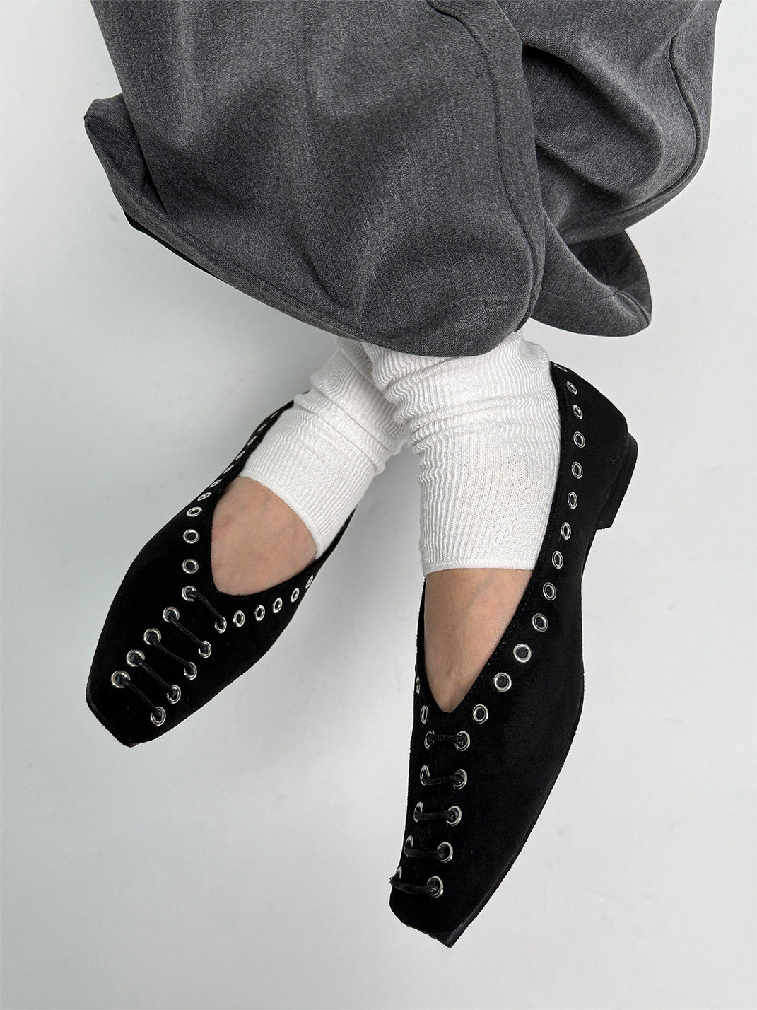 Black Eyelet-Trim Square-Toe Ballet Flats - View 5