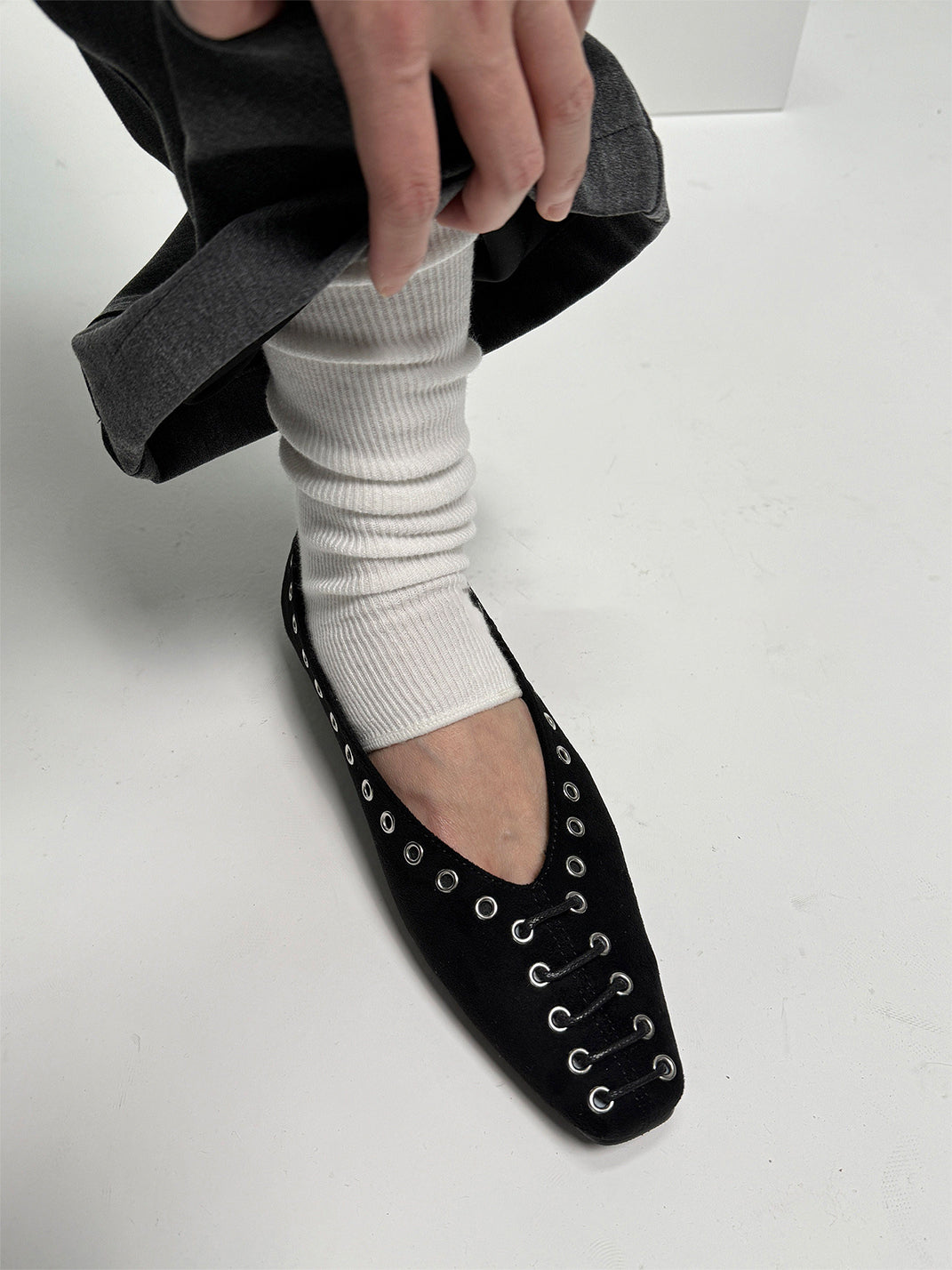 Black Eyelet-Trim Square-Toe Ballet Flats - View 6
