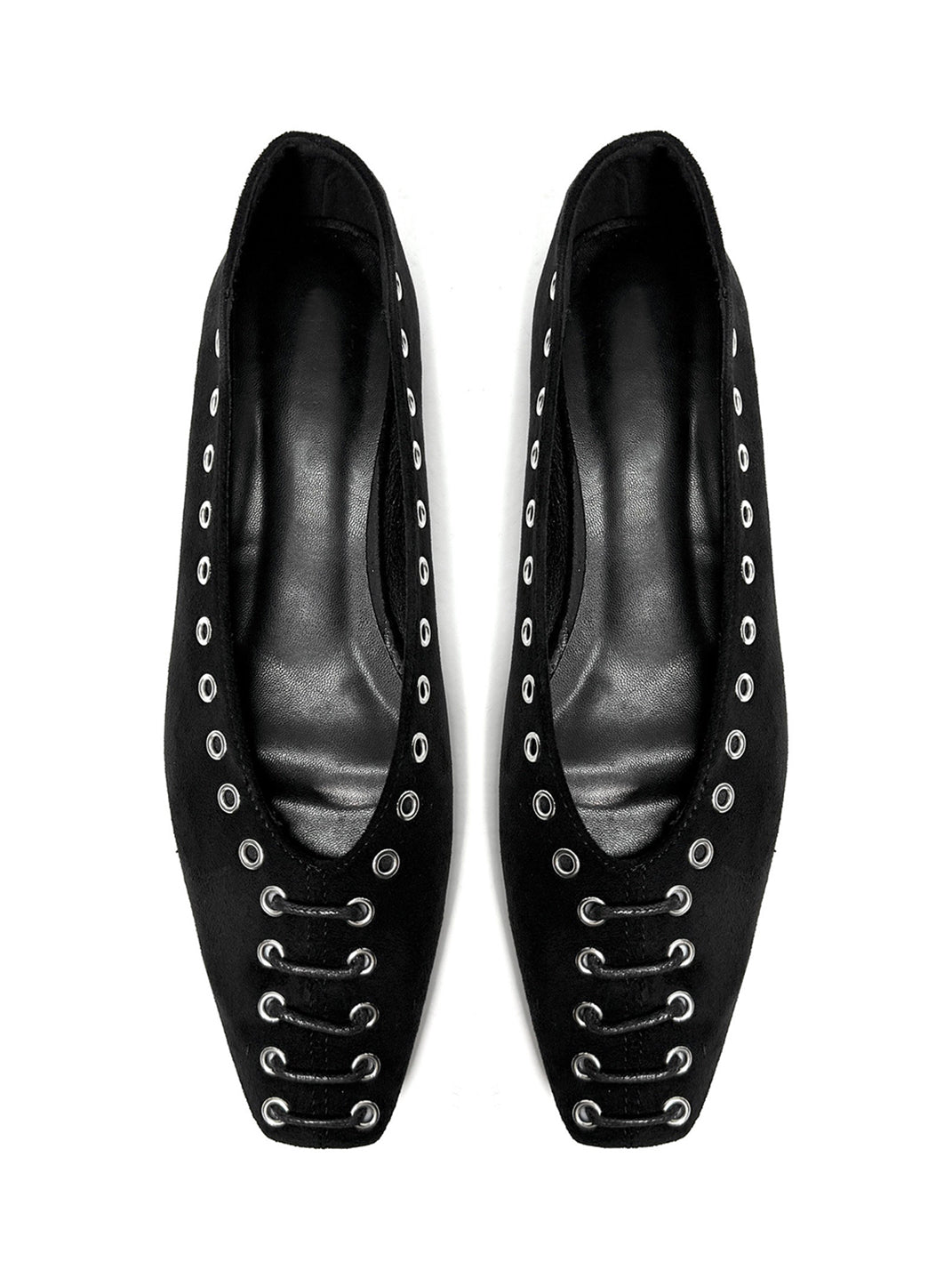 Black Eyelet-Trim Square-Toe Ballet Flats - View 8