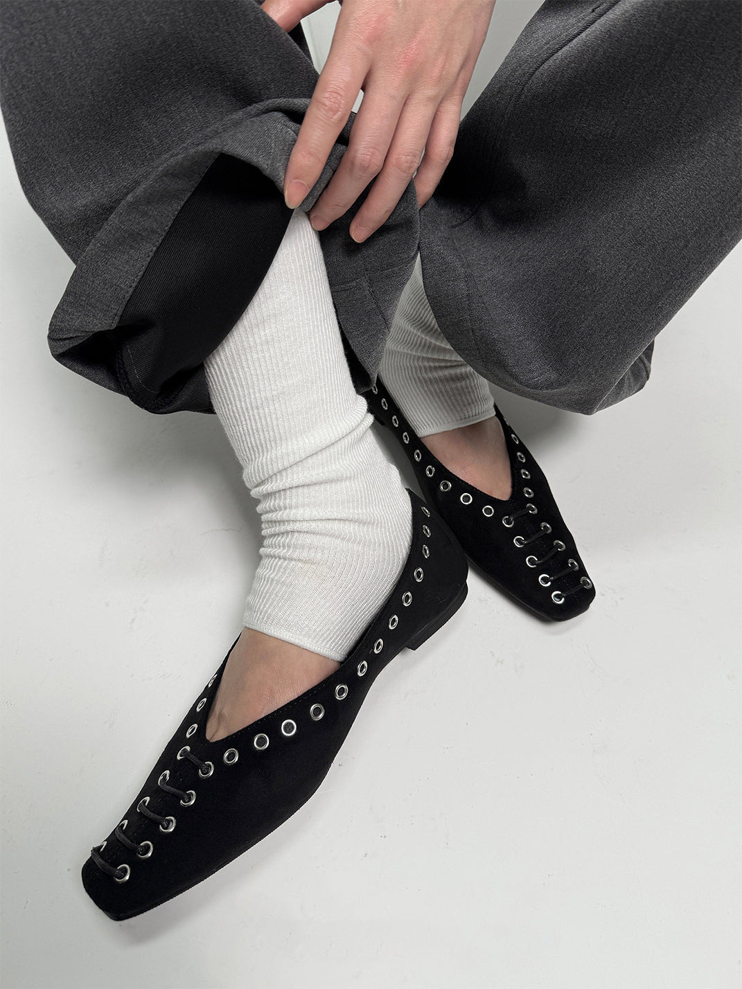 Black Eyelet-Trim Square-Toe Ballet Flats - View 10