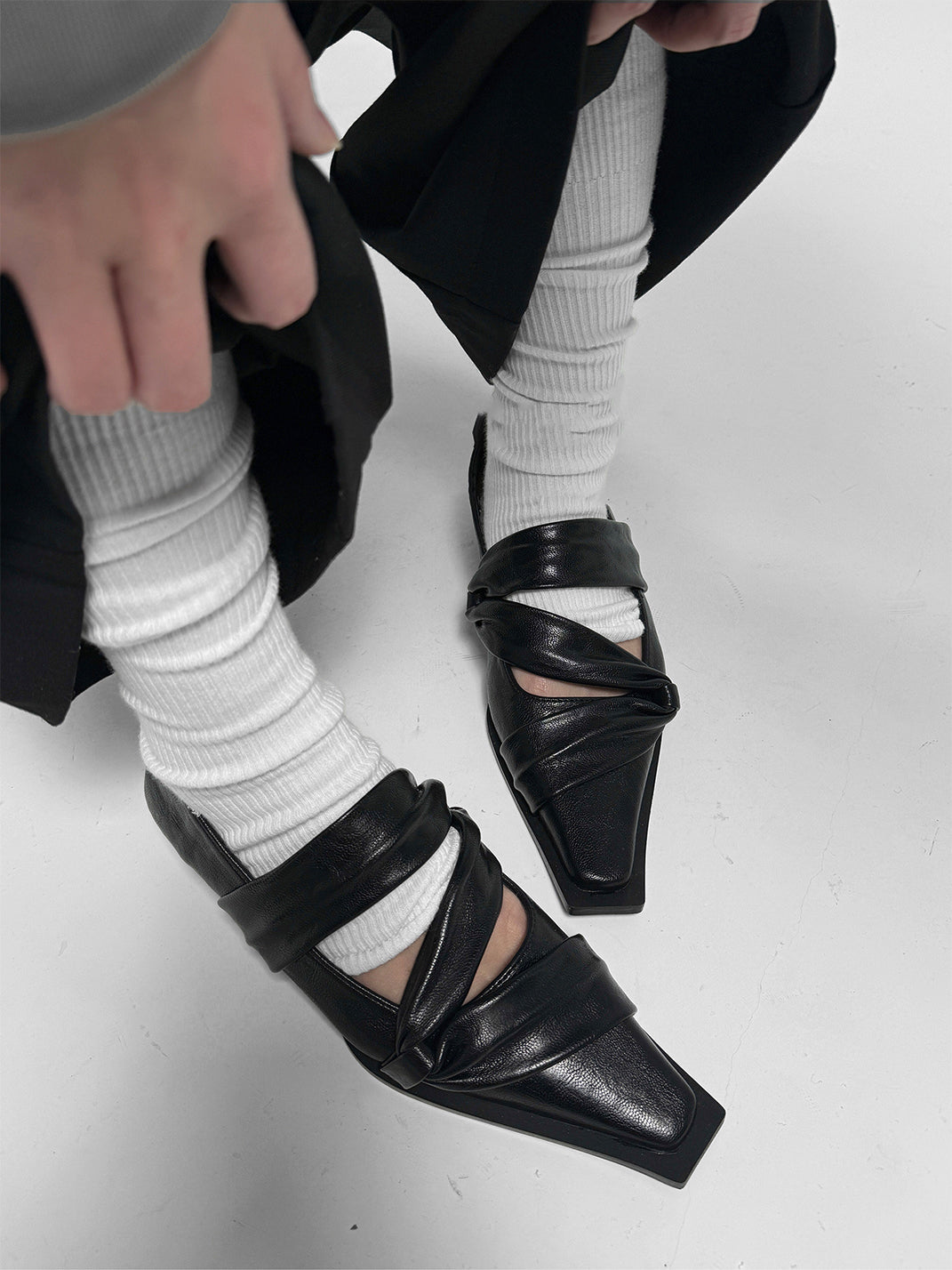 Black Knotted Square-Toe Leather Flats - View 2