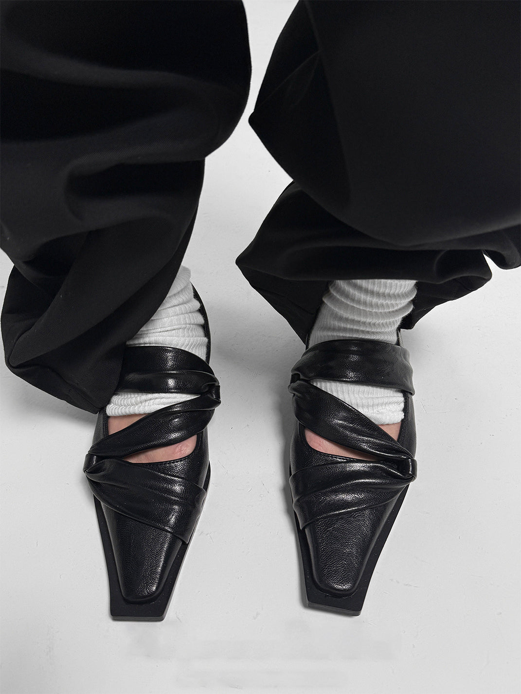 Black Knotted Square-Toe Leather Flats - View 6