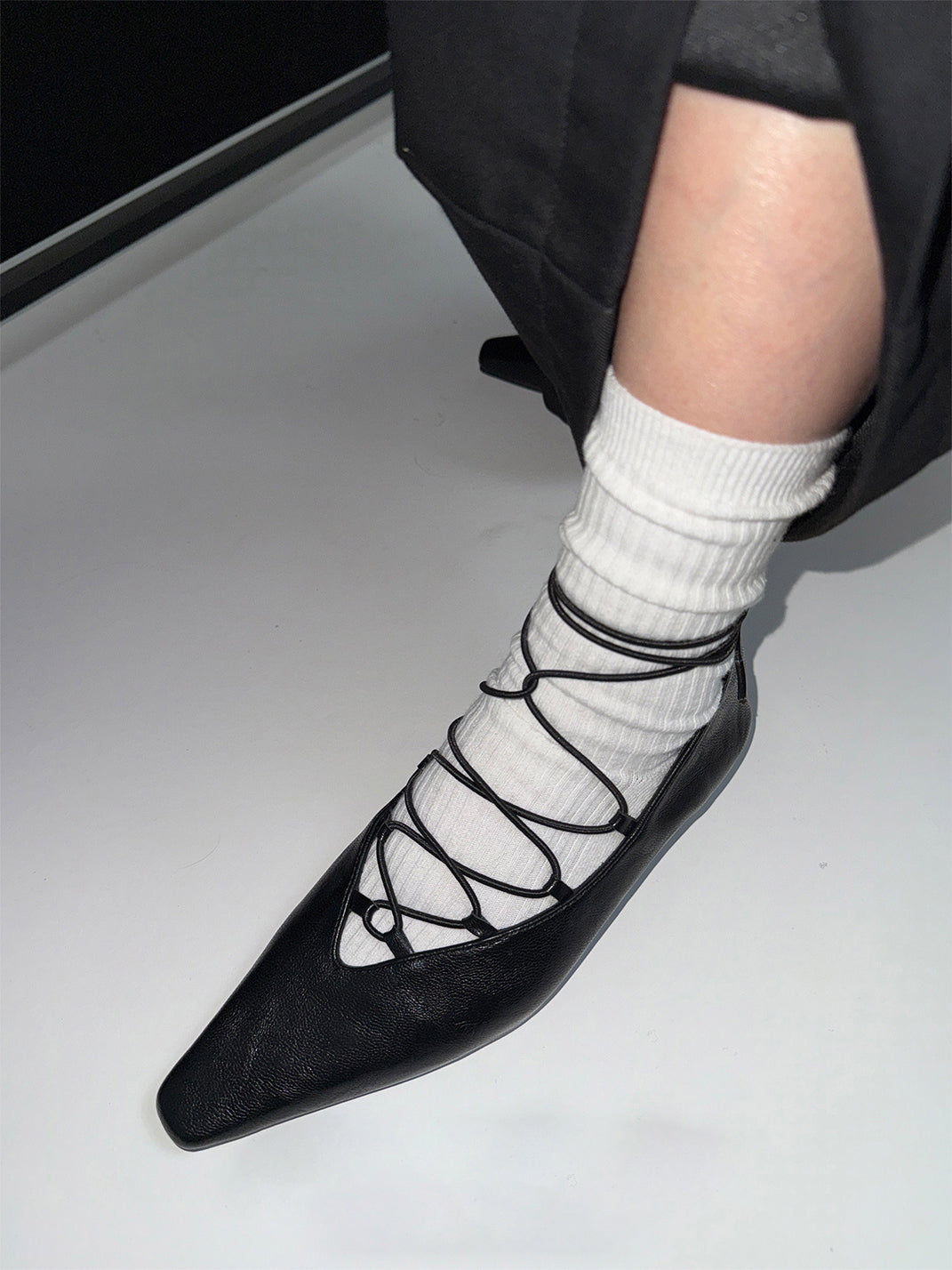 Black Lace-Up Mary Jane Ballet Flats - View 4
