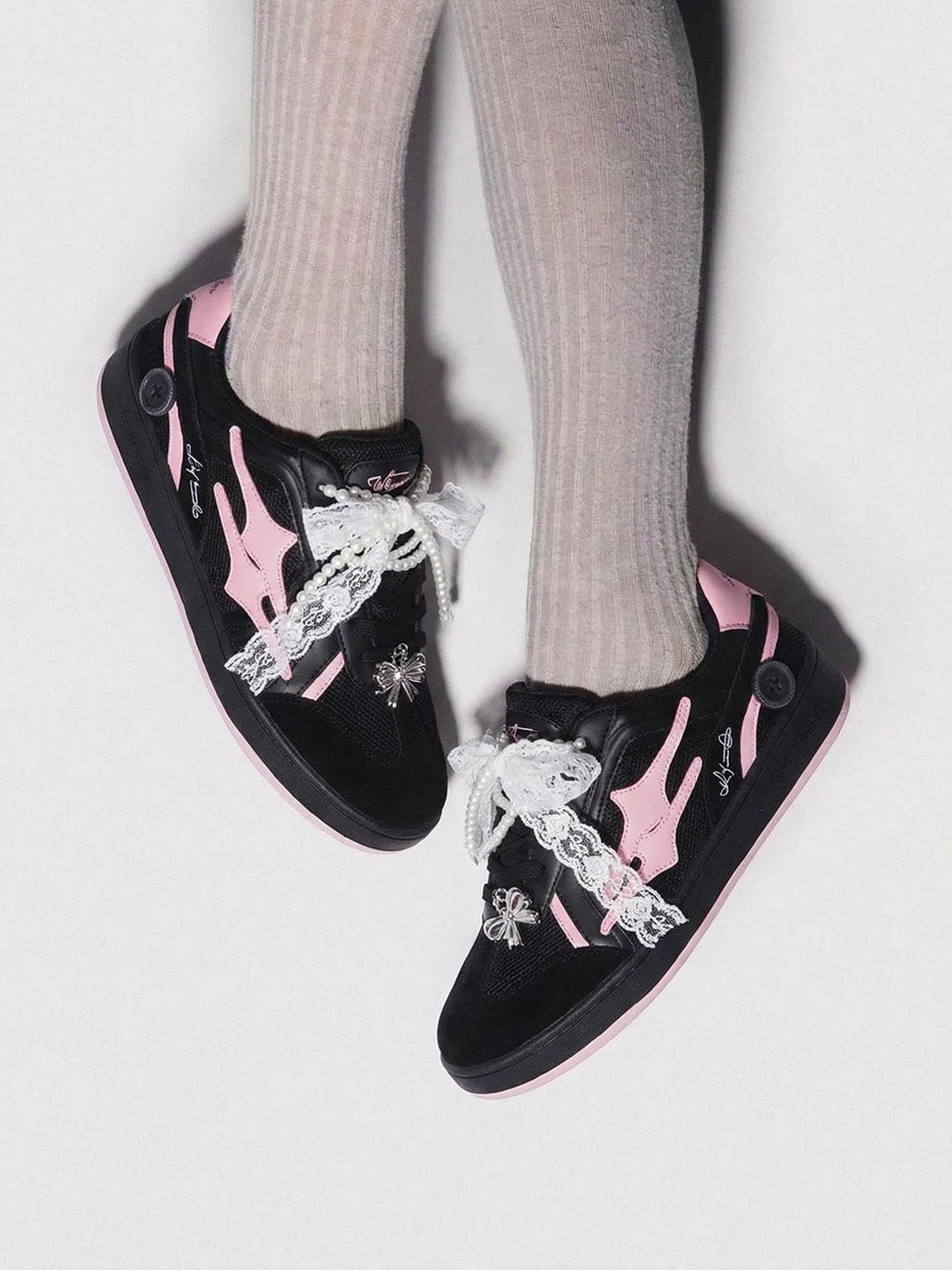 Black Pink Bow-Applique Trainer Sneakers - View 5