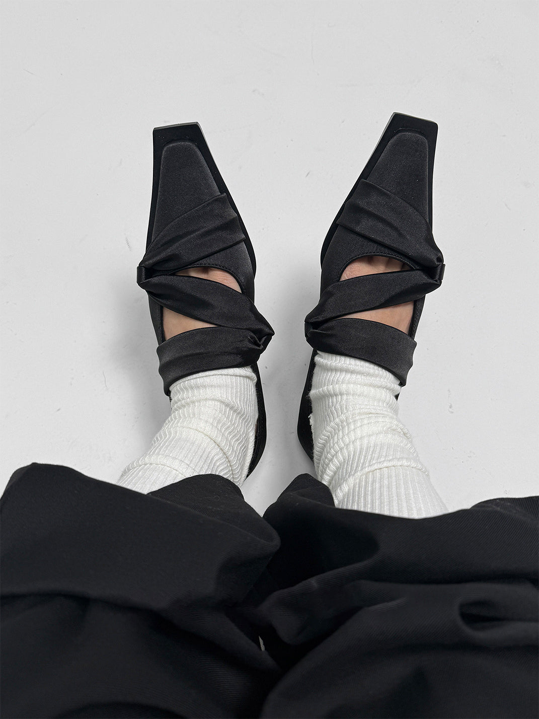 Black Satin Bow Square-Toe Ballet Flats - View 2