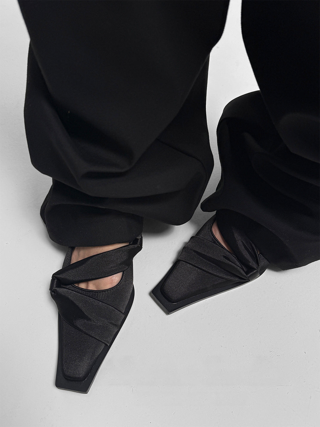 Black Satin Bow Square-Toe Ballet Flats - View 3
