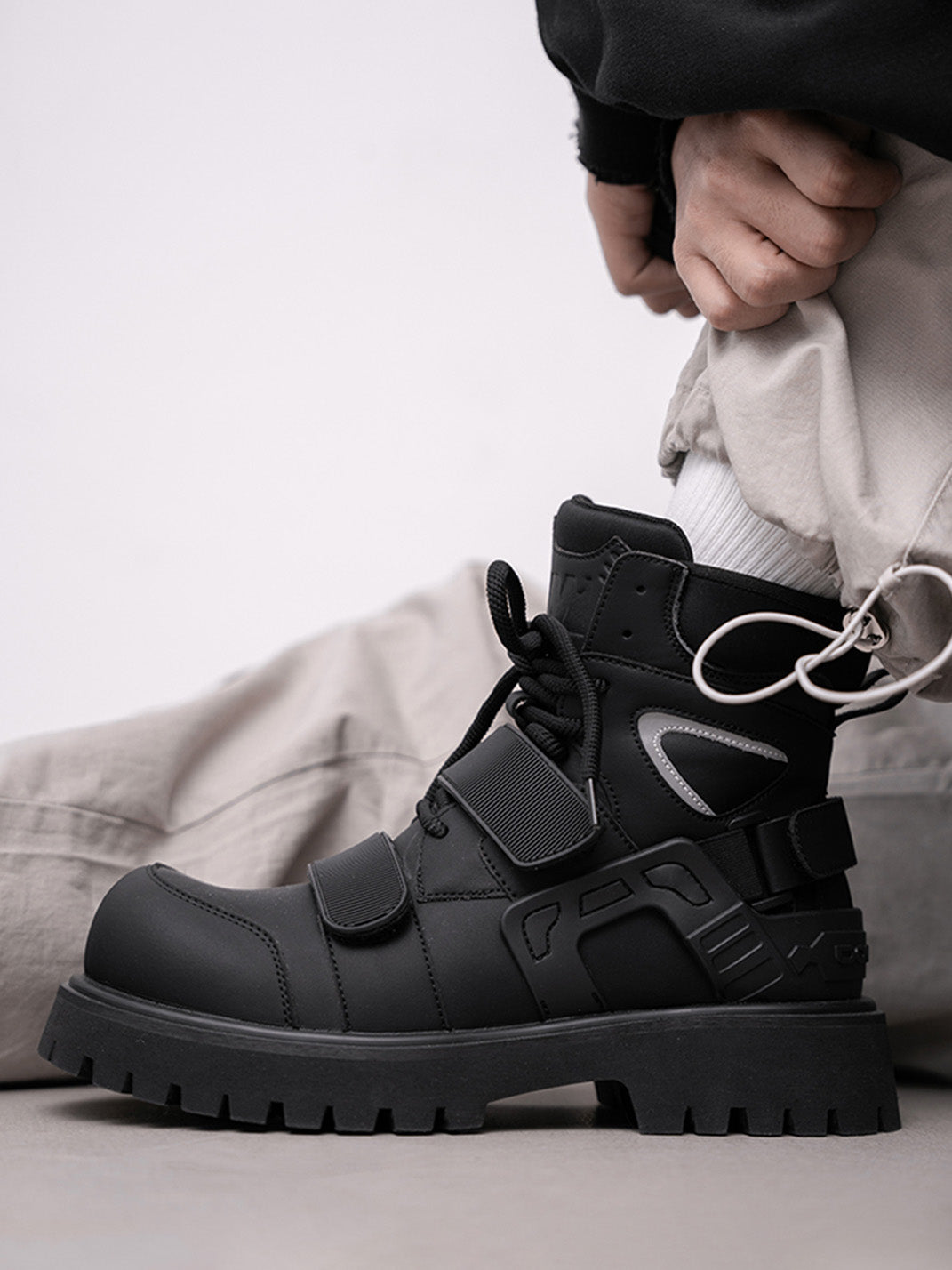 Black Velcro-Strap Lug-Sole Moto Boots - View 2