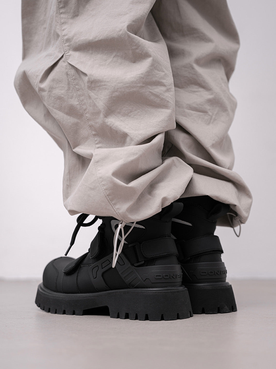 Black Velcro-Strap Lug-Sole Moto Boots - View 6