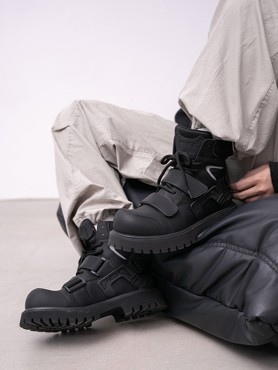 Black Velcro-Strap Lug-Sole Moto Boots - View 8