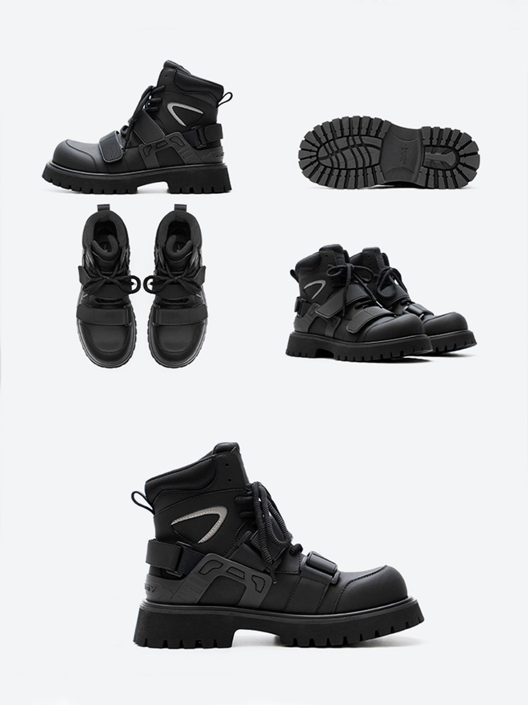 Black Velcro-Strap Lug-Sole Moto Boots - View 12