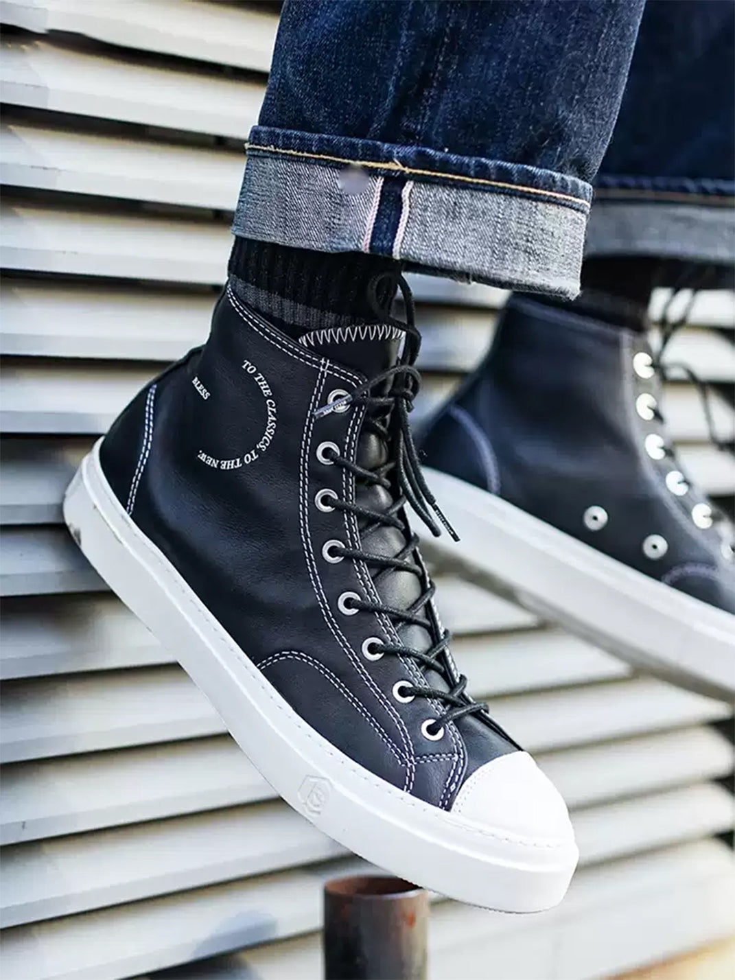 Black Contrast-Stitch Platform High-Top Sneakers - View 2
