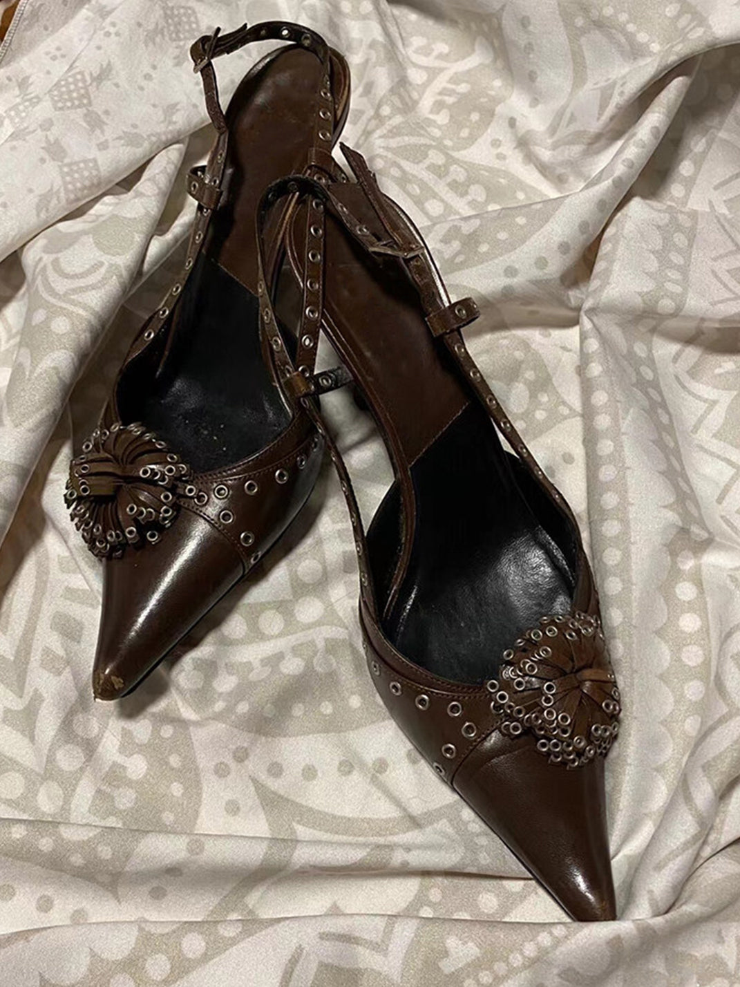Brown Crystal-Stud Pointed Slingback Heels - View 3