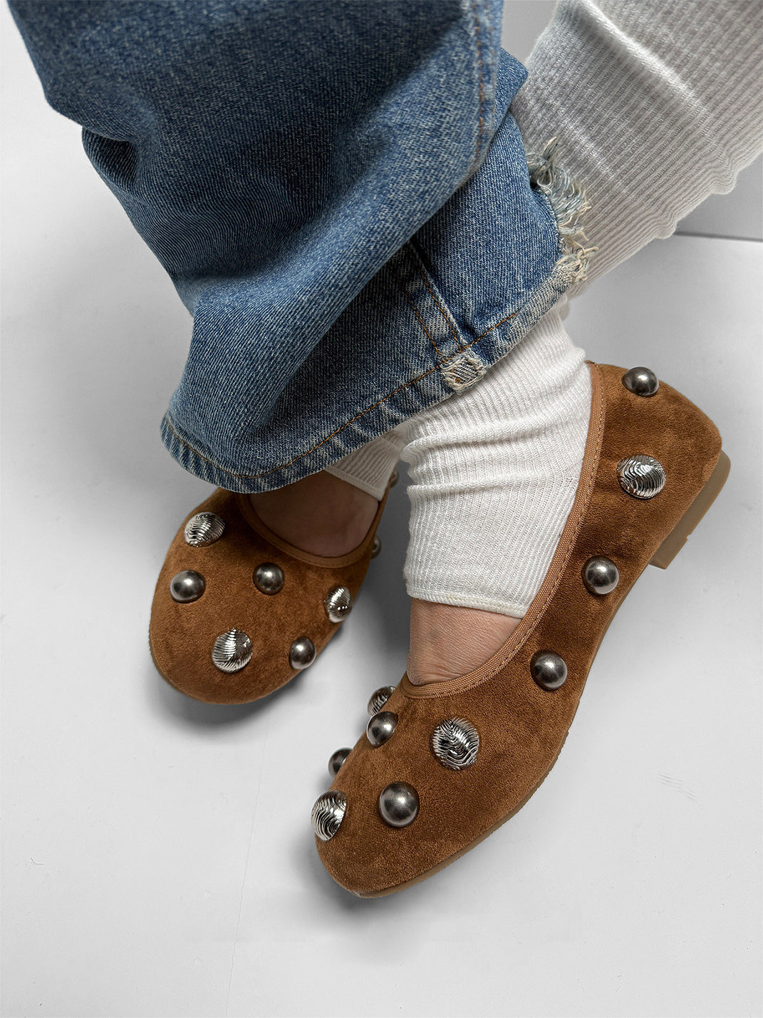 Brown Crystal-Stud Suede Ballet Flats - View 4