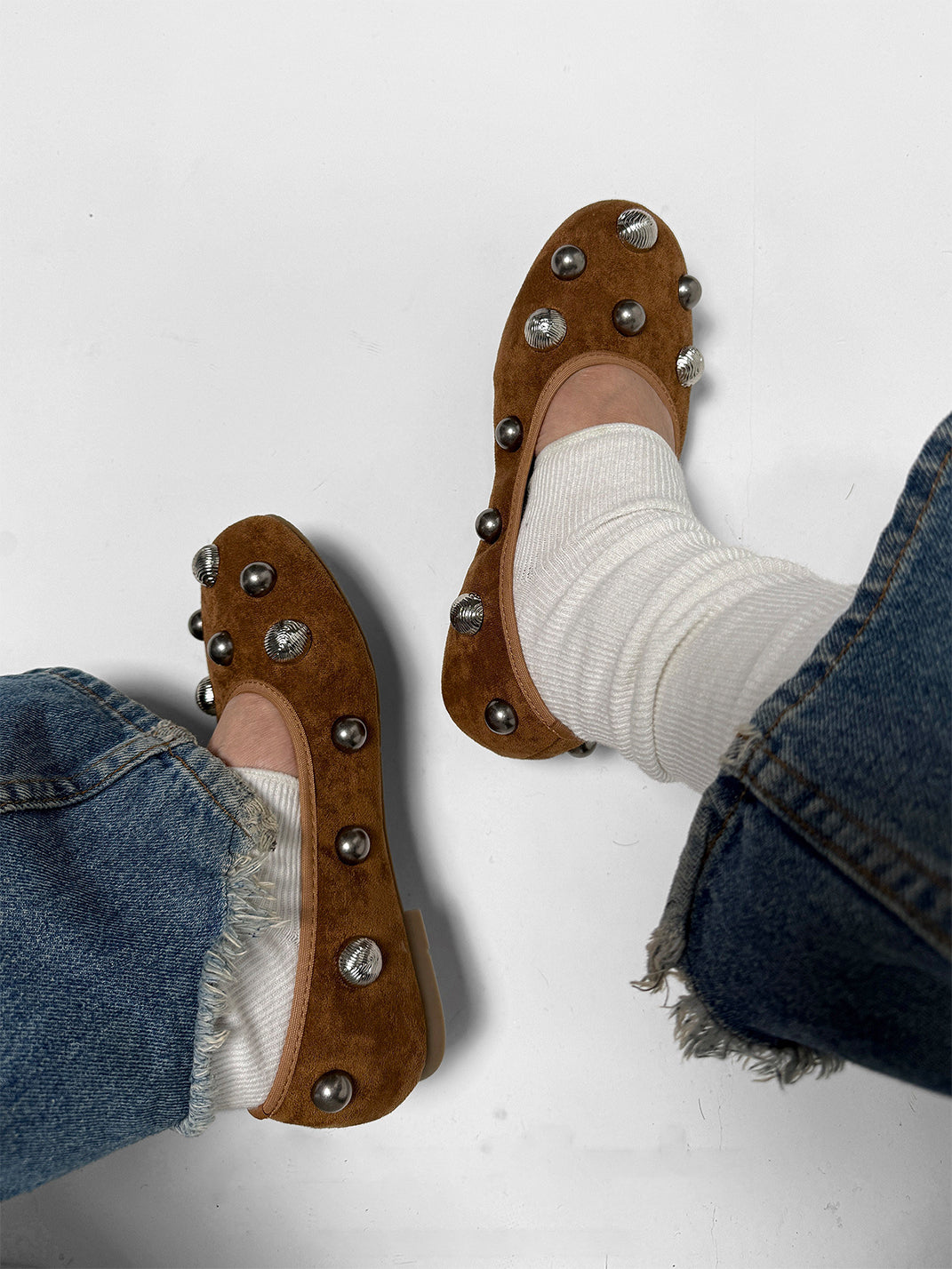 Brown Crystal-Stud Suede Ballet Flats - View 8
