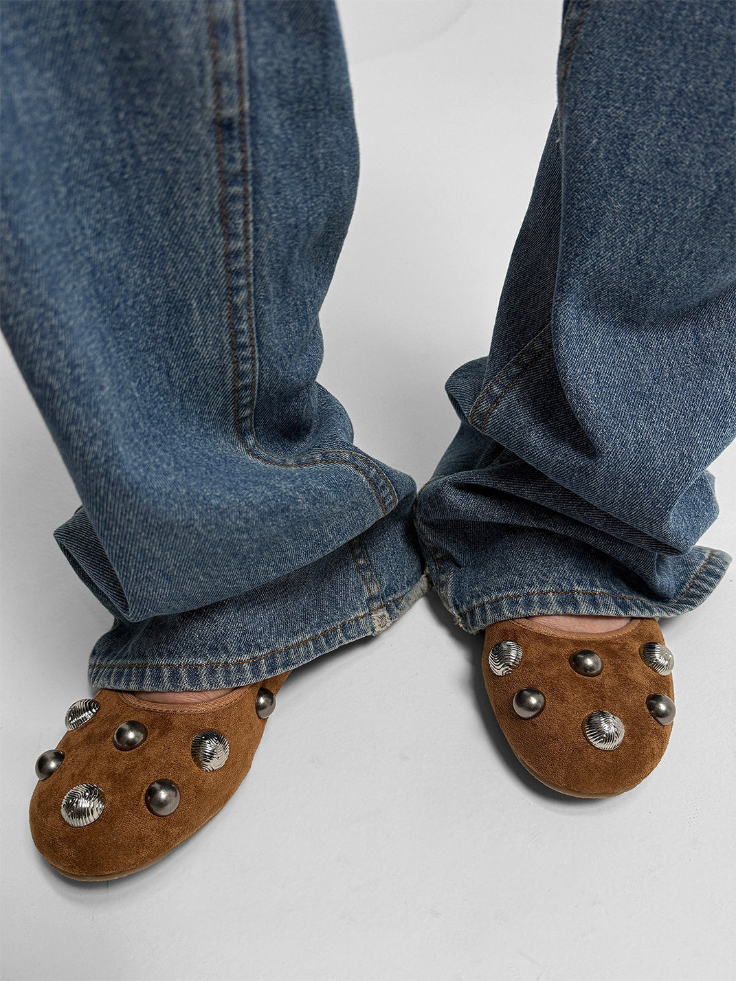 Brown Crystal-Stud Suede Ballet Flats - View 9