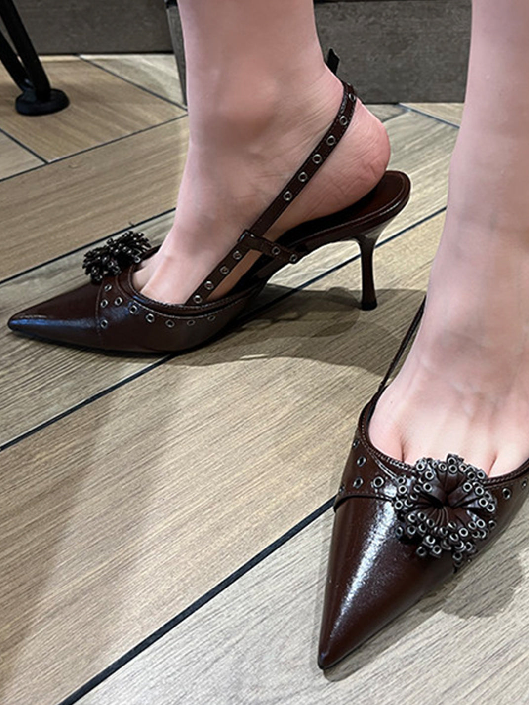Brown Floral Pointed-Toe Slingback Heels - View 3