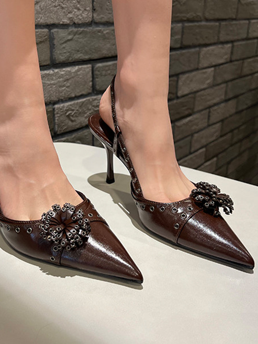 Brown Floral Pointed-Toe Slingback Heels - View 5