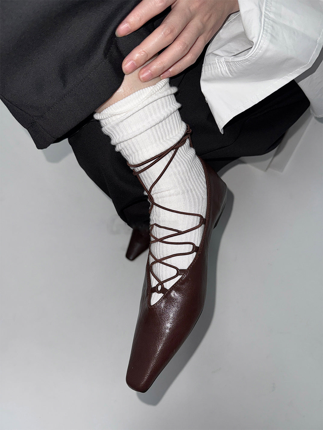 Brown Lace-Up Mary Jane Ballet Flats - View 5