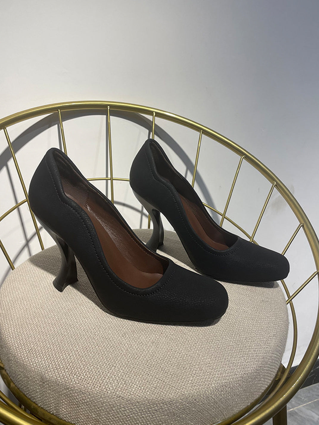Brown Sculpted-Heel Round-Toe Pumps - View 4