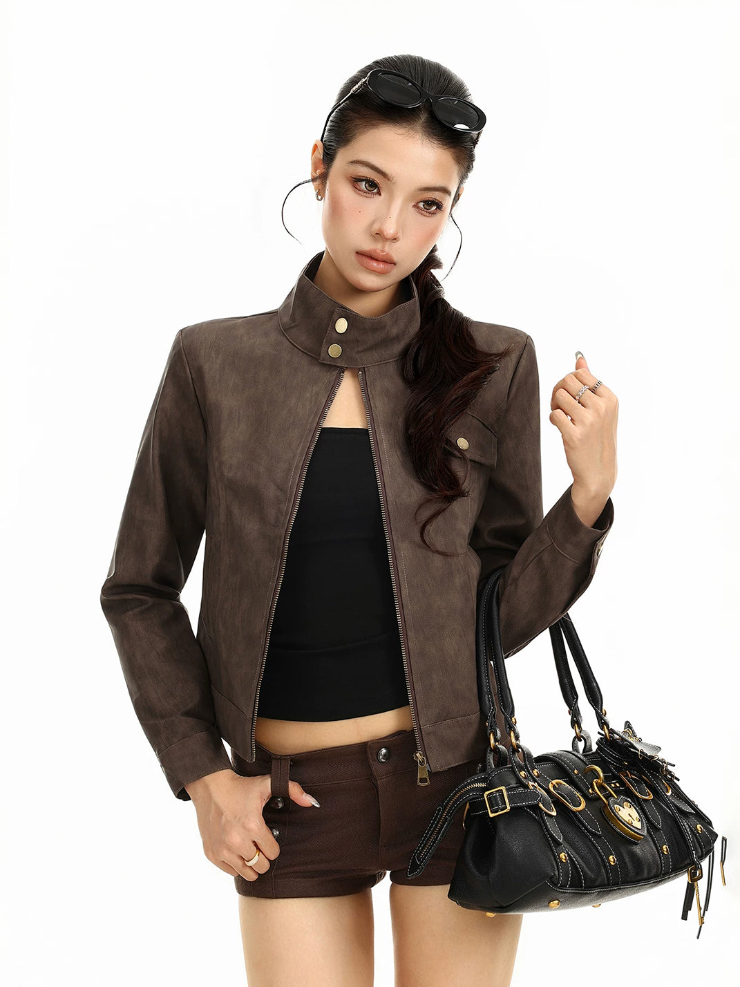 Brown Textured Faux-Leather Cropped Zip Jacket - view 3